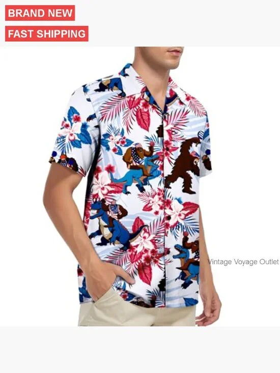Men's Short Sleeve Button Down Hawaiian Shirt Regular Fit Polyester - Picture 5 of 7